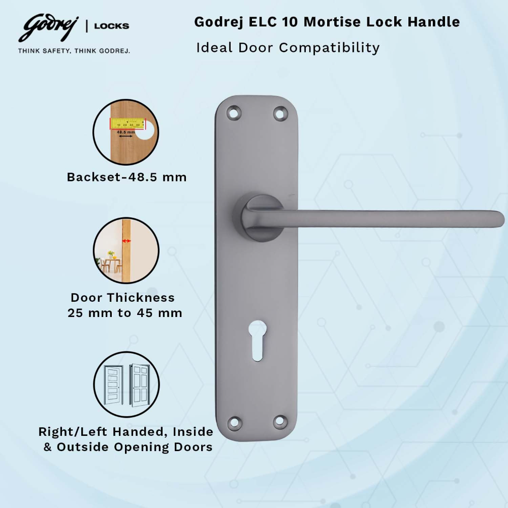 Godrej Mortise Lock I Door Handle Lock For Main & Internal Door | ELC 10 | 6-Lever Locking Mechanism | Reversible Latch | Lock For Wooden Doors (Matt Black Nickel Finish) | 1 Year Warrenty